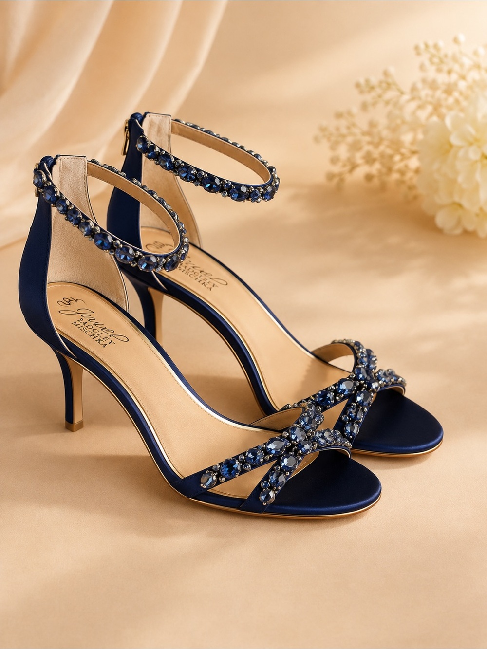 Badgley Mischka Jewel Blue Satin Crystal Embellished Heels Sandals Size 10